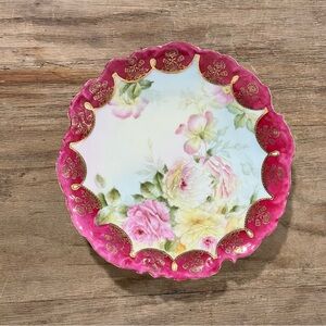 Vintage P. T. Germany Floral Plate Roses Pink Green Yellow Gold Trim Victorian